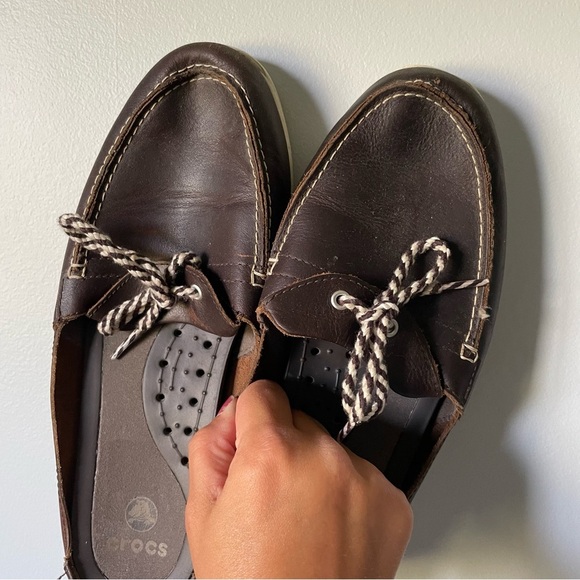 Crocs Brown Leather Slip on Mules Boat Comfort Slides Size 9 - Picture 5 of 11